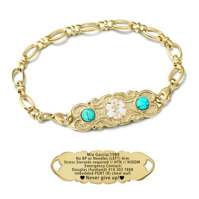 ASTERY Custom Medical Alert Bracelet for Women with Free Engraving,Personalized Women's Identification ID Bracelet Medical Jewelry (Golden Bracelet with Turquoise, 7.0 Inches)