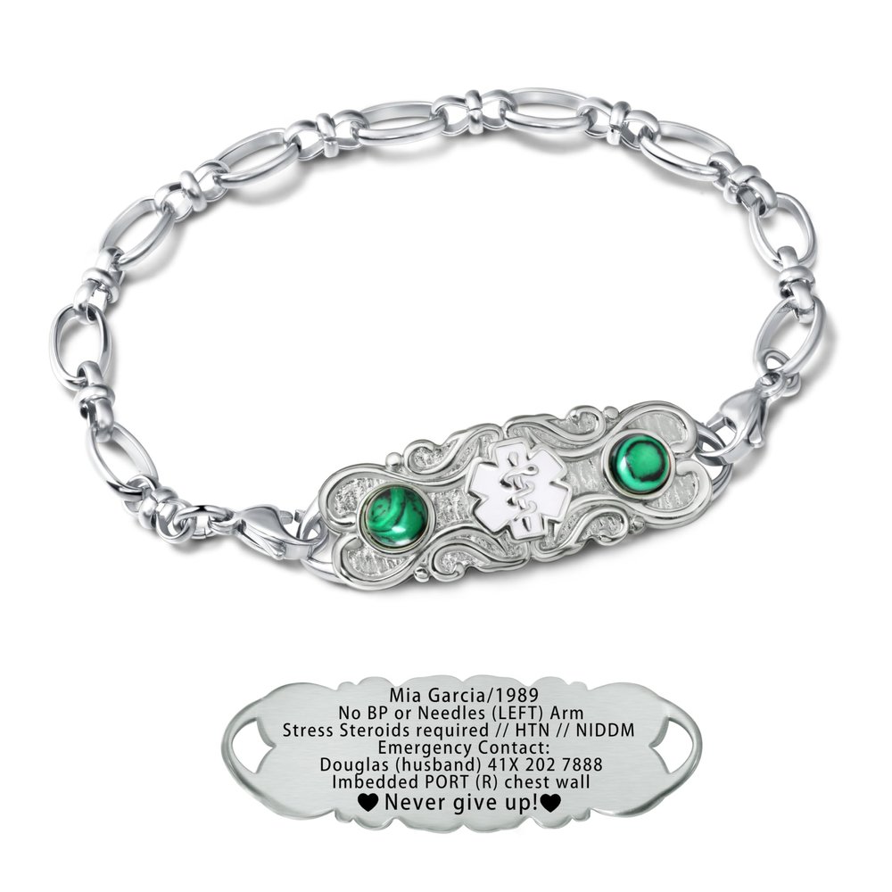 ASTERY Custom Medical Alert Bracelet for Women with Free Engraving,Personalized Women's Identification ID Bracelet Medical Jewelry (Silver Bracelet with Malachite, 8.0 Inches)