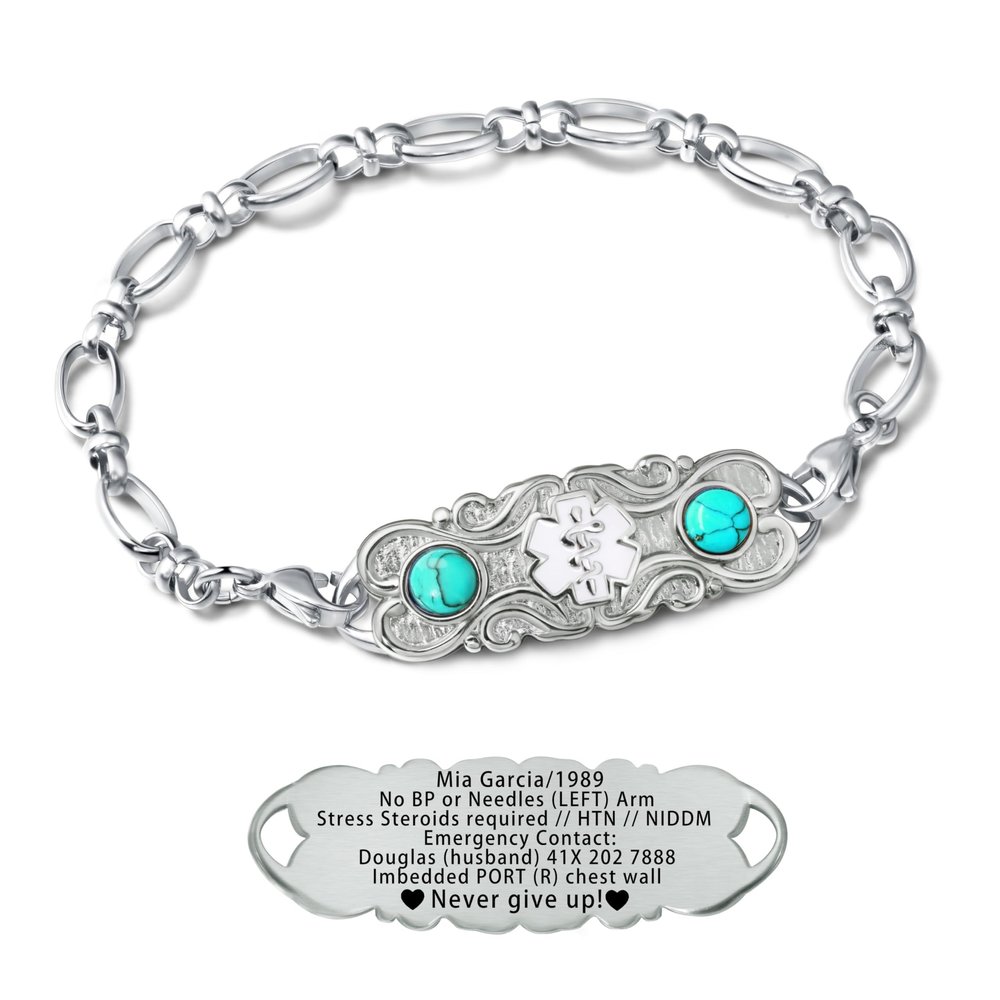 ASTERY Custom Medical Alert Bracelet for Women with Free Engraving,Personalized Women's Identification ID Bracelet Medical Jewelry (Silver Bracelet with Turquoise, 9.0 Inches)