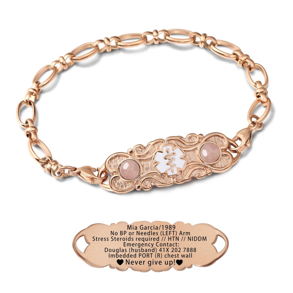 ASTERY Custom Medical Alert Bracelet for Women with Free Engraving,Personalized Women's Identification ID Bracelet Medical Jewelry (Rose Golden Bracelet with Rose Quartz, 6.5 Inches)