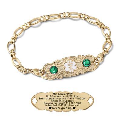 ASTERY Custom Medical Alert Bracelet for Women with Free Engraving,Personalized Women's Identification ID Bracelet Medical Jewelry (Golden Bracelet with Malachite, 9.0 Inches)