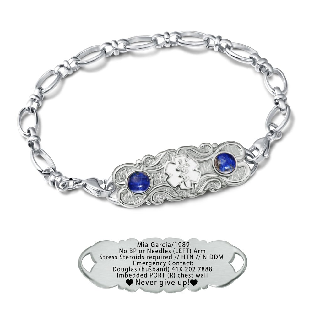 ASTERY Custom Medical Alert Bracelet for Women with Free Engraving,Personalized Women's Identification ID Bracelet Medical Jewelry (Silver Bracelet with Lapis Lazuli, 7.0 Inches)