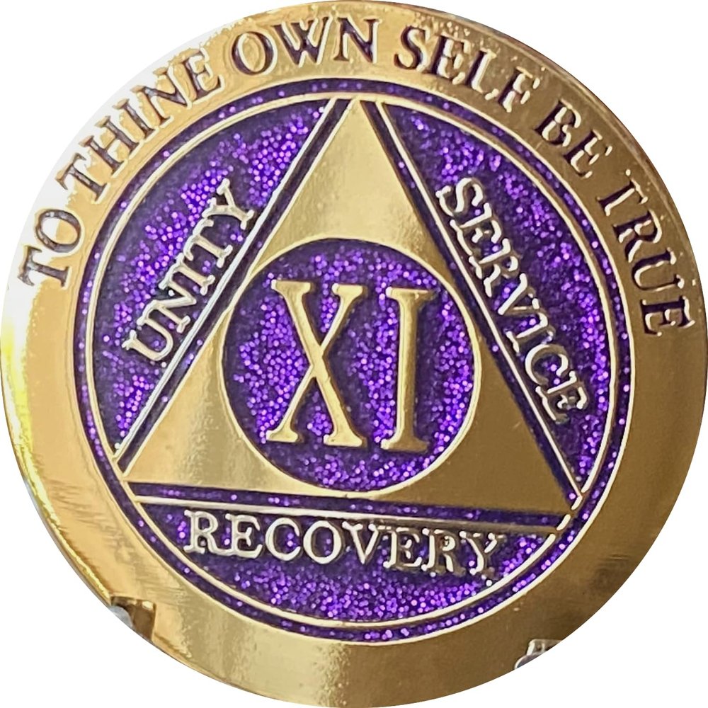 11 Year AA Medallion Elegant Purple Glitter Gold Silver Sobriety Chip Serenity Prayer Back