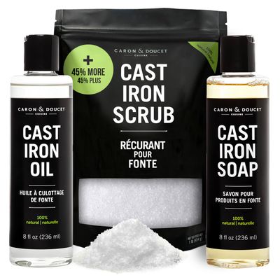CARON & DOUCET New Ultimate Cast Iron Set: Seasoning Oil, Cleaning Soap & Restoring Scrub | 100% Plant-Based & Best for Cleaning Care, Washing, Restoring & Seasoning Skillets, Pans & Grills!