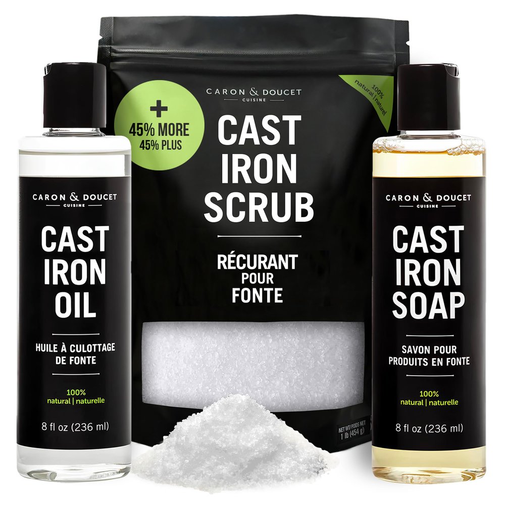 CARON & DOUCET New Ultimate Cast Iron Set: Seasoning Oil, Cleaning Soap & Restoring Scrub | 100% Plant-Based & Best for Cleaning Care, Washing, Restoring & Seasoning Skillets, Pans & Grills!