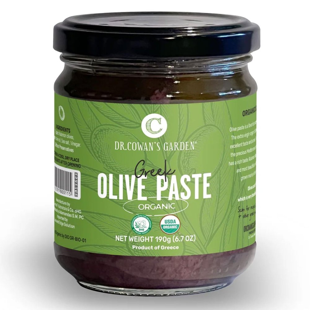 Dr. Cowans Garden Greek Olive Paste Certified Organic Kalamon Olive Spread Authentic Mediterranean Flavor Dip Small-Batch Family Farm Product from Greece (6.7 oz)