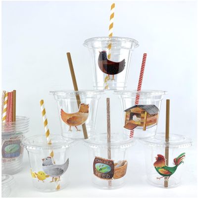 Chicken Farm Party Cups with Lids and Straws, 12 oz, Set of 12, Farmyard Theme Decorative Disposable Cups