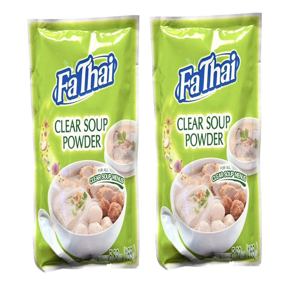 AquaNation Listing For Fa Thai Instant Clear Soup Powder, Seasoning for Thai Rice Noodles, BBQ, Sukiyaki, Hotpot, Congee & More, 5.82oz (165g) Halal Certified (Pack of 2, Clear Soup Powder)