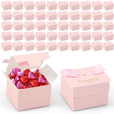 50Pcs Candy Boxes with Ribbon, Easy to Assemble Small Gift Boxes Decorative Favor Candy Boxes Wedding Favour Boxes Shows Thanks for Festival Gift Packaging Wedding Party Baby Showers 6.56.54.5cm