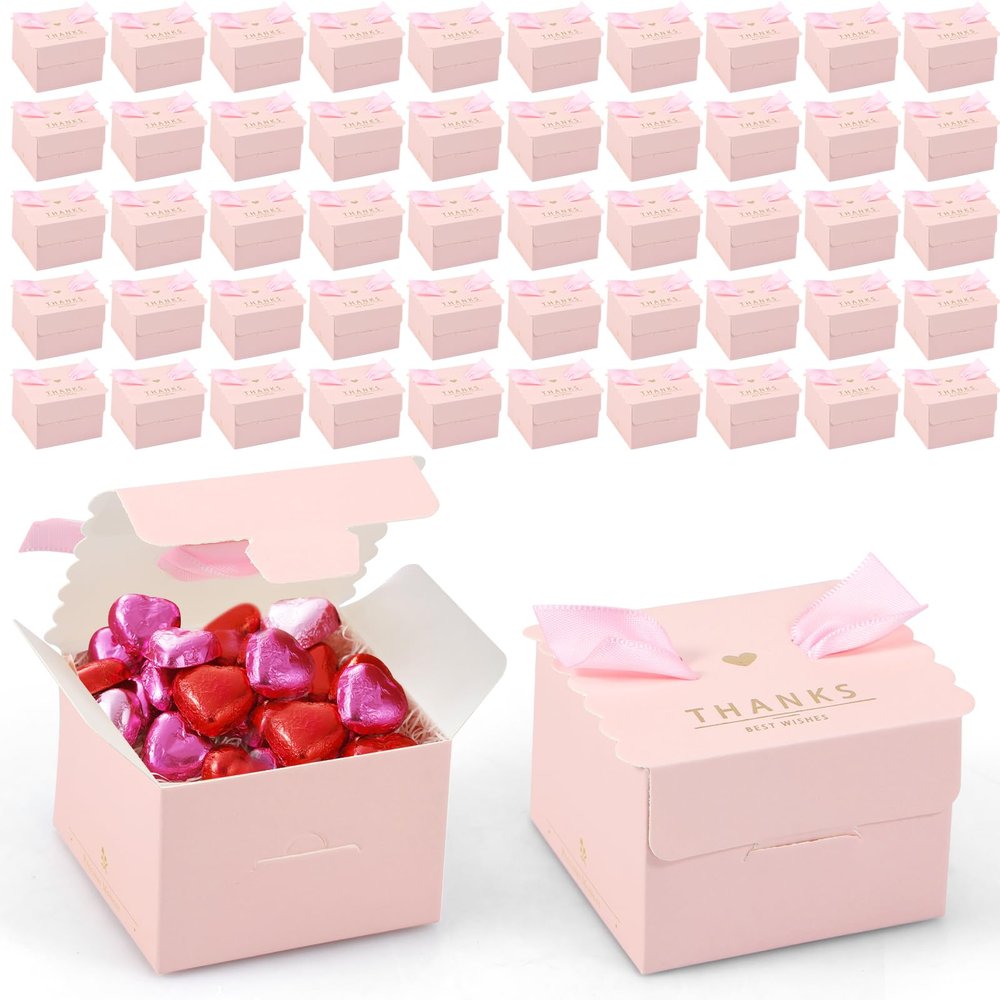 50Pcs Candy Boxes with Ribbon, Easy to Assemble Small Gift Boxes Decorative Favor Candy Boxes Wedding Favour Boxes Shows Thanks for Festival Gift Packaging Wedding Party Baby Showers 6.56.54.5cm