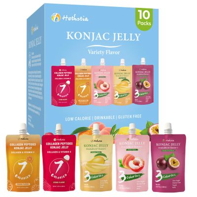 Hethstia Konjac Jelly Drinkable Pouch Variety Pack - Low Calorie, 0 Sugar, Gluten-Free, Collagen Peptides & Vitamin C - 10 Pack - Lychee, Passion Fruit, Mango, Peach, Orange- Healthy Fruit Snacks
