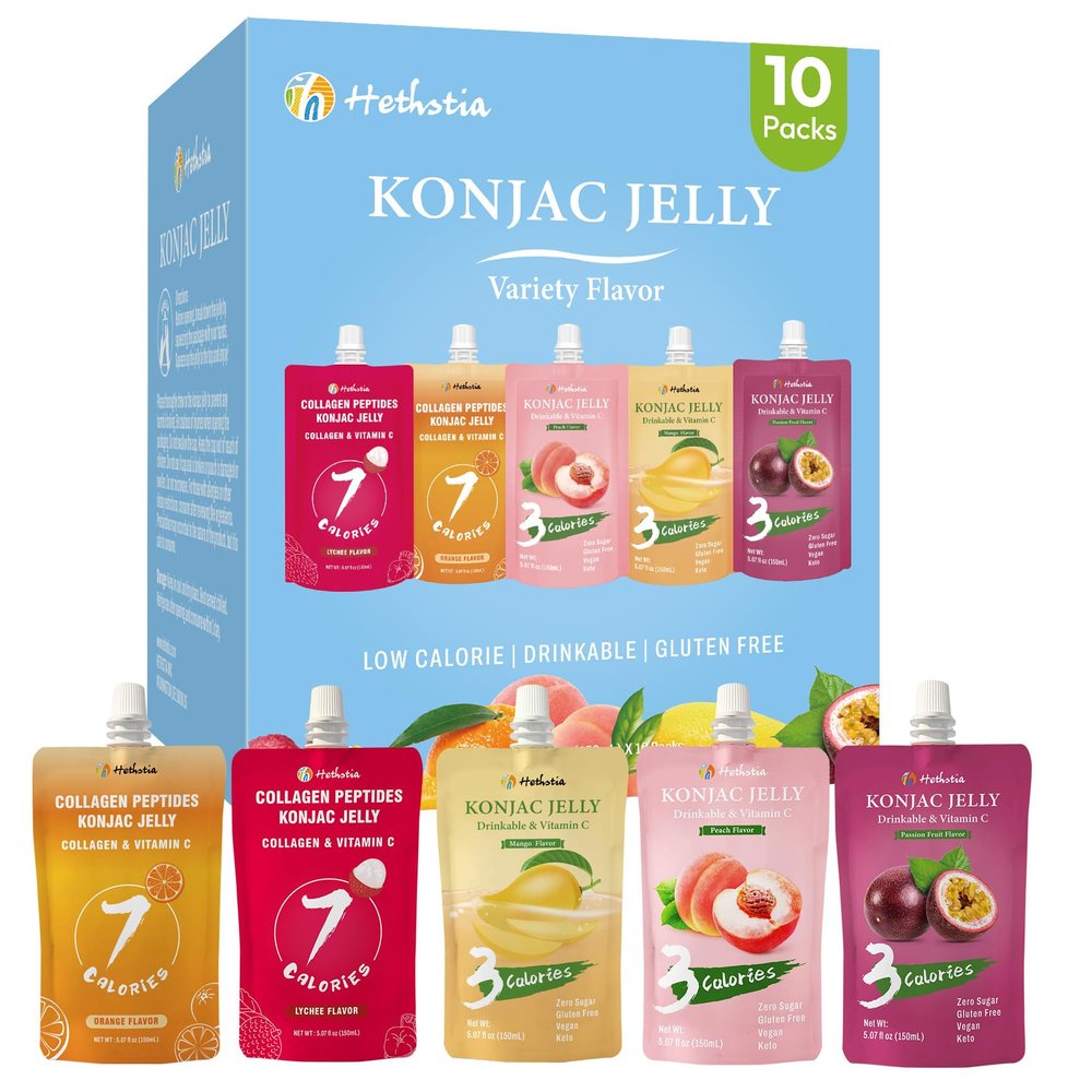 Hethstia Konjac Jelly Drinkable Pouch Variety Pack - Low Calorie, 0 Sugar, Gluten-Free, Collagen Peptides & Vitamin C - 10 Pack - Lychee, Passion Fruit, Mango, Peach, Orange- Healthy Fruit Snacks