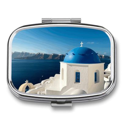 Santorini Greek Island Sea View Pill Box 2 Compartment Portable Pill Case Daily Square Pill Organizer for Pocket Purse Daily Medicine Container to Hold Vitamins Fish Oil Travel Gifts
