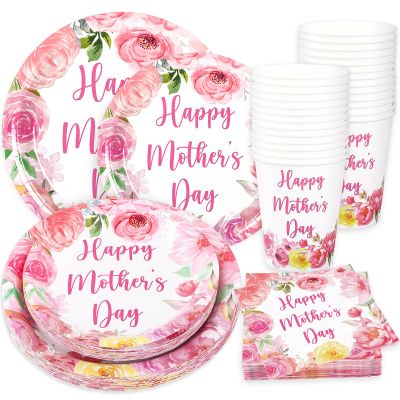 JarThenaAMCS 120Pcs Mother's Day Plates Napkins and Cups Happy Mother's Day Party Supplies Pink Mom Flower Theme Tableware for Mommy Birthday Party Decorations, Serve 24 Guests