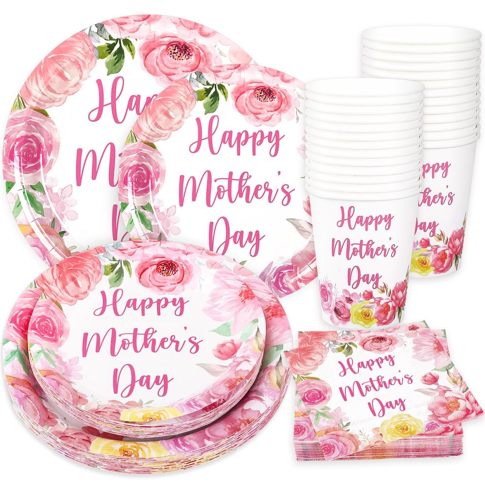 JarThenaAMCS 120Pcs Mother's Day Plates Napkins and Cups Happy Mother's Day Party Supplies Pink Mom Flower Theme Tableware for Mommy Birthday Party Decorations, Serve 24 Guests