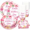 JarThenaAMCS 120Pcs Mother's Day Plates Napkins and Cups Happy Mother's Day Party Supplies Pink Mom Flower Theme Tableware for Mommy Birthday Party Decorations, Serve 24 Guests view 1