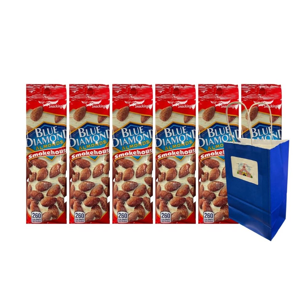 Snack Pack Diamond Almonds Smokehouse Flavor 1.5oz 6-Pack with Blue Paper Gift Bag Included Almonds Protein Rich Healthy Snack On-the-Go