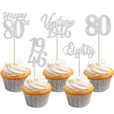 30PCS Happy 80th Birthday Cupcake Toppers Cheers to 80 Vintage 1946 Cupcake Picks Hello 80 Eighty 80th Birthday Decorations for 80th Wedding Anniversary Birthday Party Cake Decorations Supplies Silver