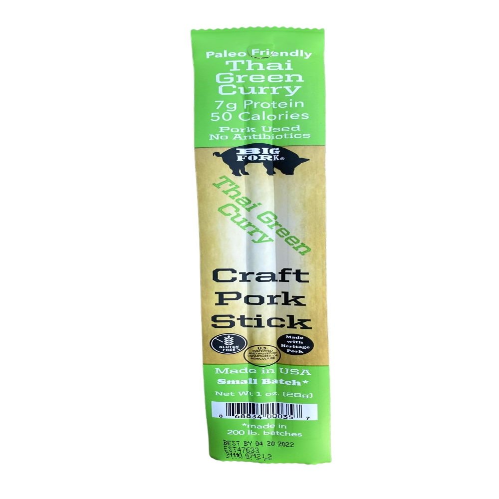 Big Fork Thai Green Curry Pork Snack Sticks - 1 Ounce, 2 Packs of 20 Count Each, Made from 100% Berkshire Hogs