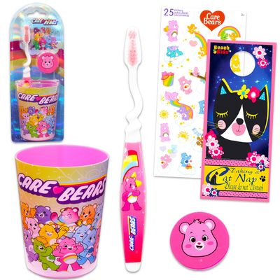 Care Bears Kids Toothbrush and Cup Kit - Official, Multicolor, Manual Toothbrush, Cup, Stickers, Cat Door Hanger, Ages 3+