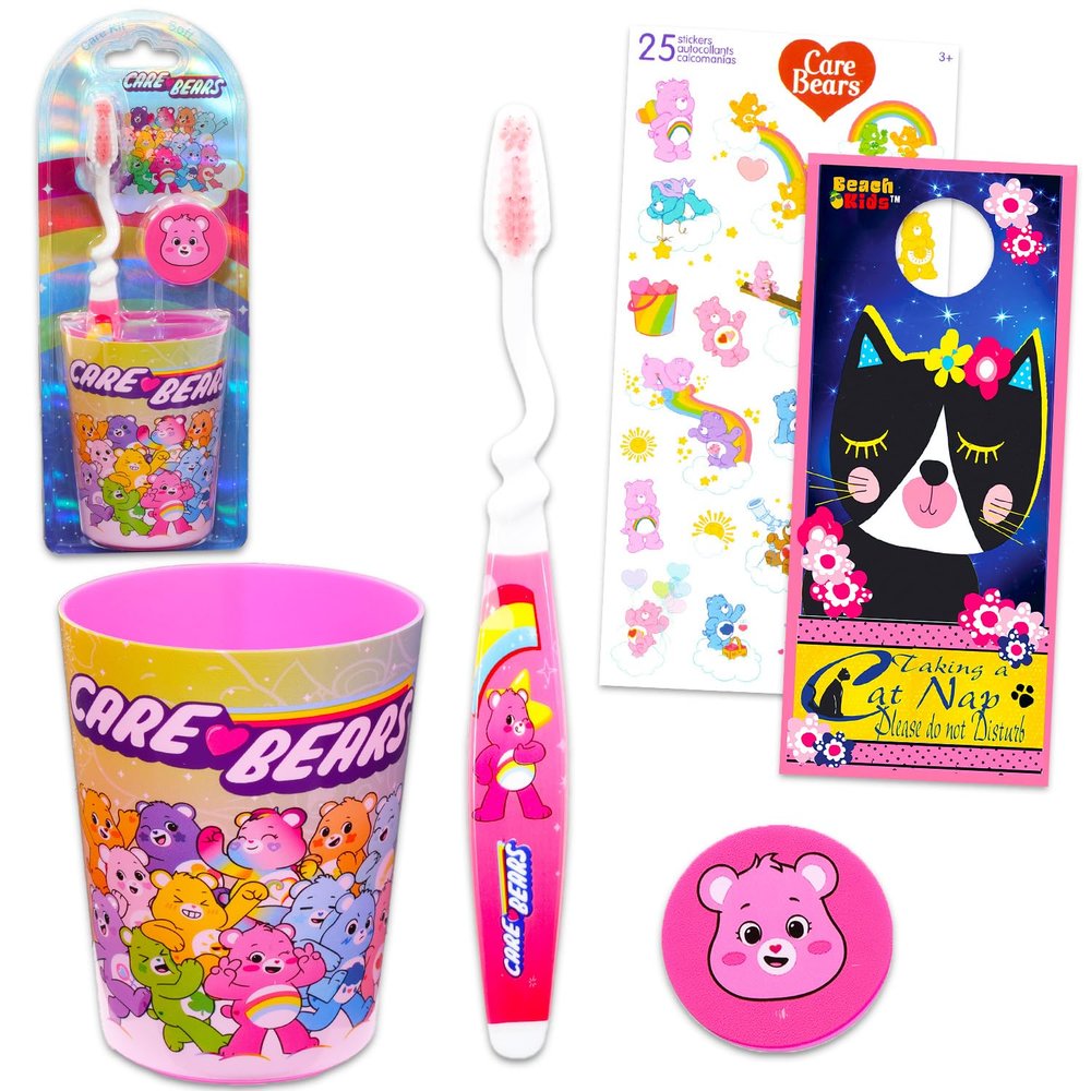 Care Bears Kids Toothbrush and Cup Kit - Official, Multicolor, Manual Toothbrush, Cup, Stickers, Cat Door Hanger, Ages 3+