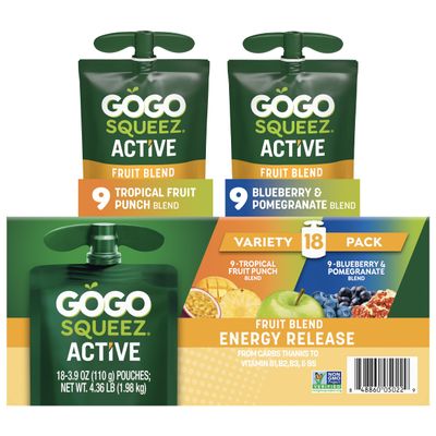 GoGo squeeZ No Sugar Added Active Fruit Blend Energy | 18-Count Variety Pack | Tropical Fruit Punch and Blueberry & Pomegranate | Made with Real Fruit and B Vitamins