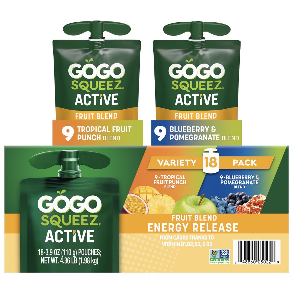 GoGo squeeZ No Sugar Added Active Fruit Blend Energy | 18-Count Variety Pack | Tropical Fruit Punch and Blueberry & Pomegranate | Made with Real Fruit and B Vitamins