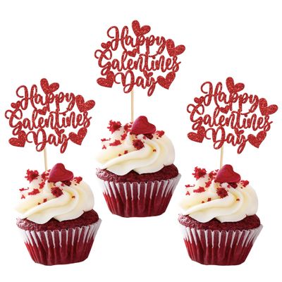 24 Pack Happy Galentine's Day Cupcake Toppers Red Glitter Sweet Love Heart Love You Valentine Cupcake Food Picks Happy Valentine's Day Theme Birthday Party Cake Decorations Supplies