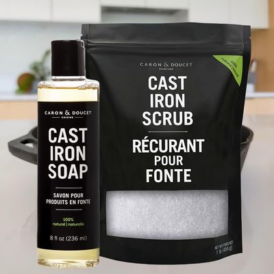 CARON & DOUCET - Cast Iron Cleaning Bundle - Cast Iron Soap & Cast Iron Scrub - 100% Plant Based Formulation & Best for Cleaning Care, Washing, Restoring & Seasoning Skillets, Pans & Grills