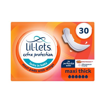 Lil-Lets Extra Protection Maxi Pads X 30 (3 Pack), with Wings, for Extremely Heavy Flow Periods and Perimenopause