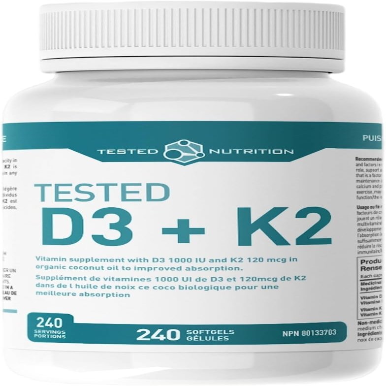 Tested Nutrition D3 + K2 Softgels | 1000 IU Vitamin D3 & 120 mcg Vitamin K2 in Organic Coconut Oil | Improved Absorption, Immune Support, Cardiovascular Health Support | 240 Softgels