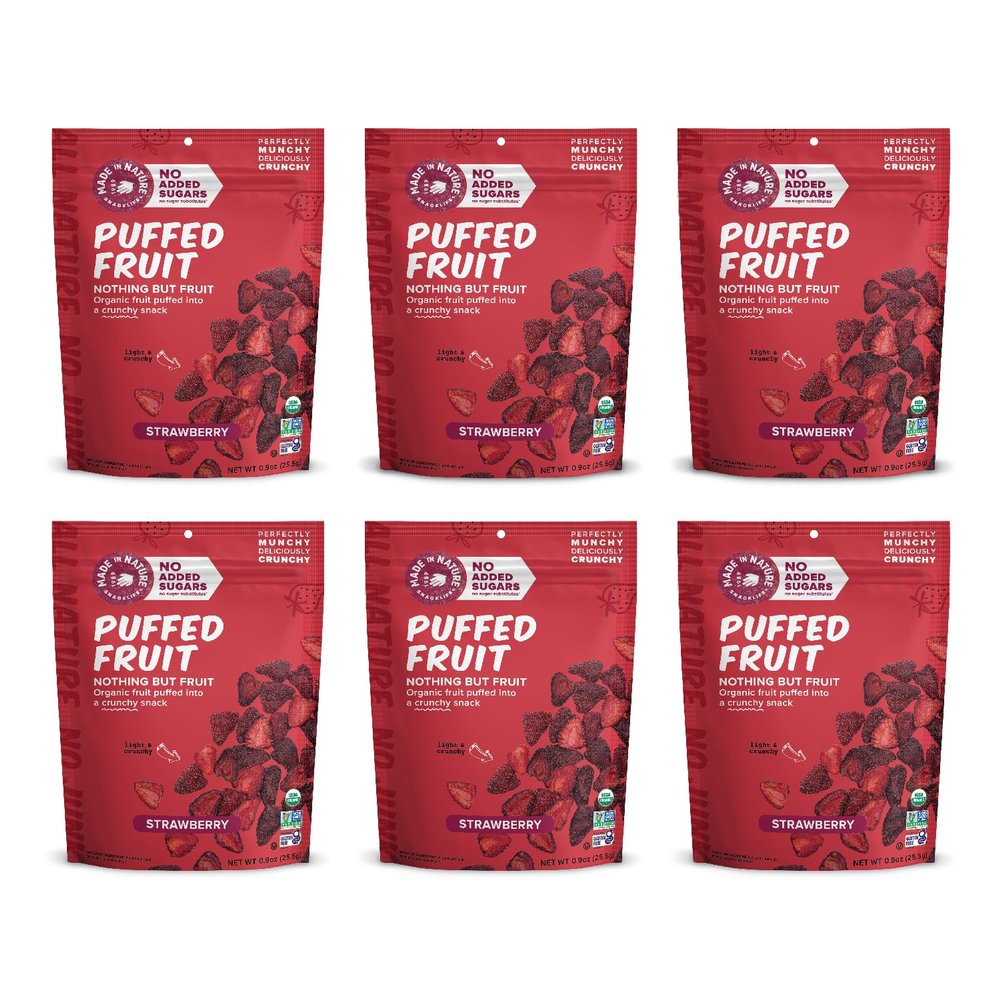 Made In Nature Organic Puffed Fruit, Strawberry (Pack of 6) Air-Dried & Crispy, No Added Sugar, Gluten Free, Simple Ingredients