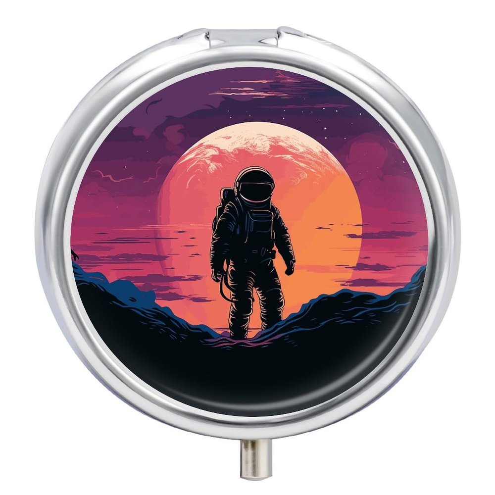 Pill Box Cool Astronaut Round Metal Pill Case with 3 Compartments Portable Mini Medicine Drug Holder Travel Medicine Tablet Vitamin Holder Organizer