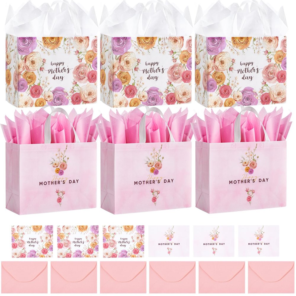 STYPOP 6 Pack 13" Large Mothers Day Gift Bags with Tissue Paper, Reusable Non-Woven Pink Gift Bags with Handles, Mothers Day Gifts for Mom/Grandma/Friends, 12.8"*10.2"*6.3"