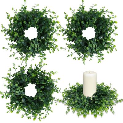 4 Pcs Spring Summer Candle Rings Green Boxwood Wreaths 3 Inch Green Boxwood Candle Rings Pillars Kitchen Cabinet Wreaths Mini Candle Wreath for Wedding Party Decor