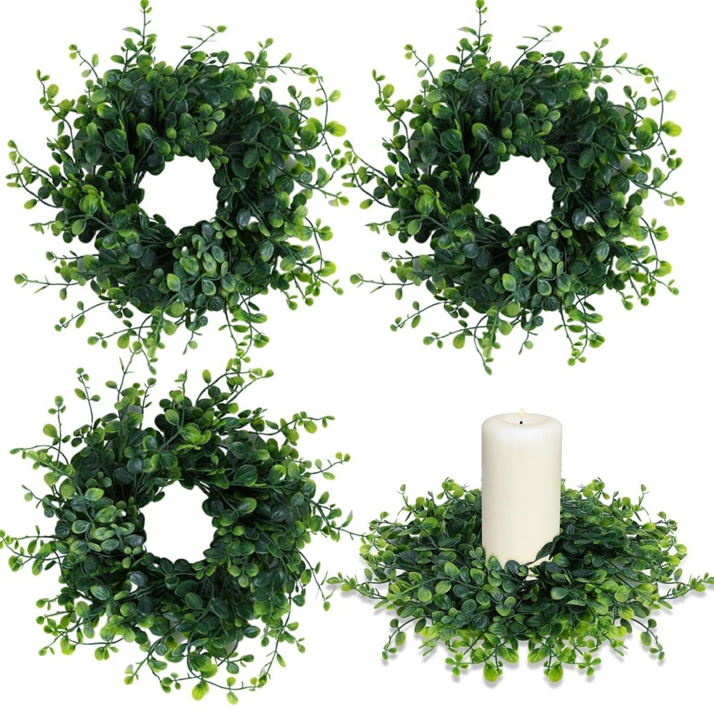 4 Pcs Spring Summer Candle Rings Green Boxwood Wreaths 3 Inch Green Boxwood Candle Rings Pillars Kitchen Cabinet Wreaths Mini Candle Wreath for Wedding Party Decor