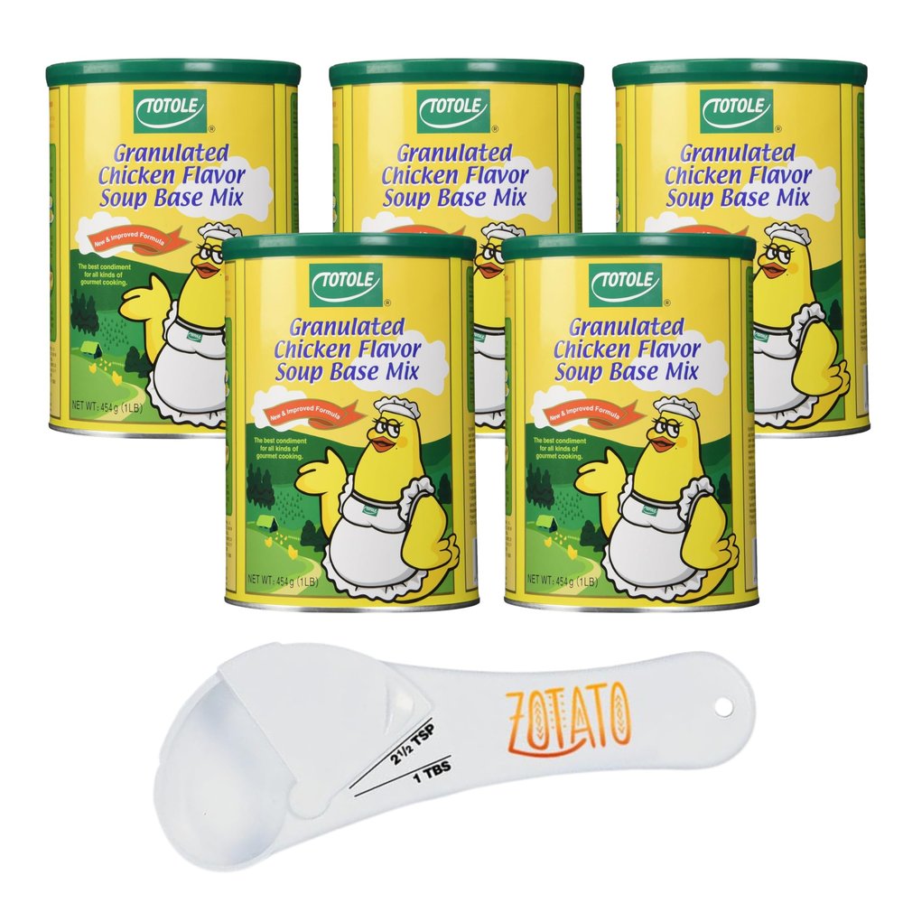 (5 Packs) Totole 454g (1lb) Granulated Chicken Soup Base Low Sodium, Effortless Dissolving Bundle with 5-in-1 Measuring Spoon