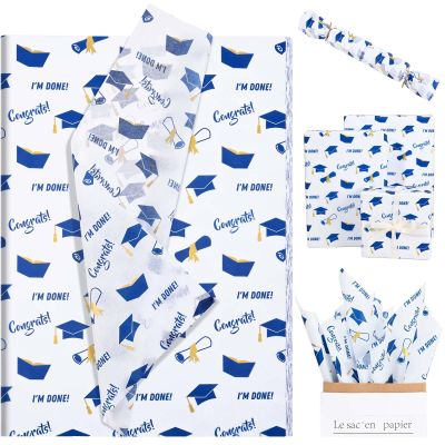 100 Sheets Graduation Tissue Paper Blue White Gold Graduation Cap Diploma DIY Craft Paper for Graduation Party Holiday Decoration Gift Packing, 20 x 14 inch