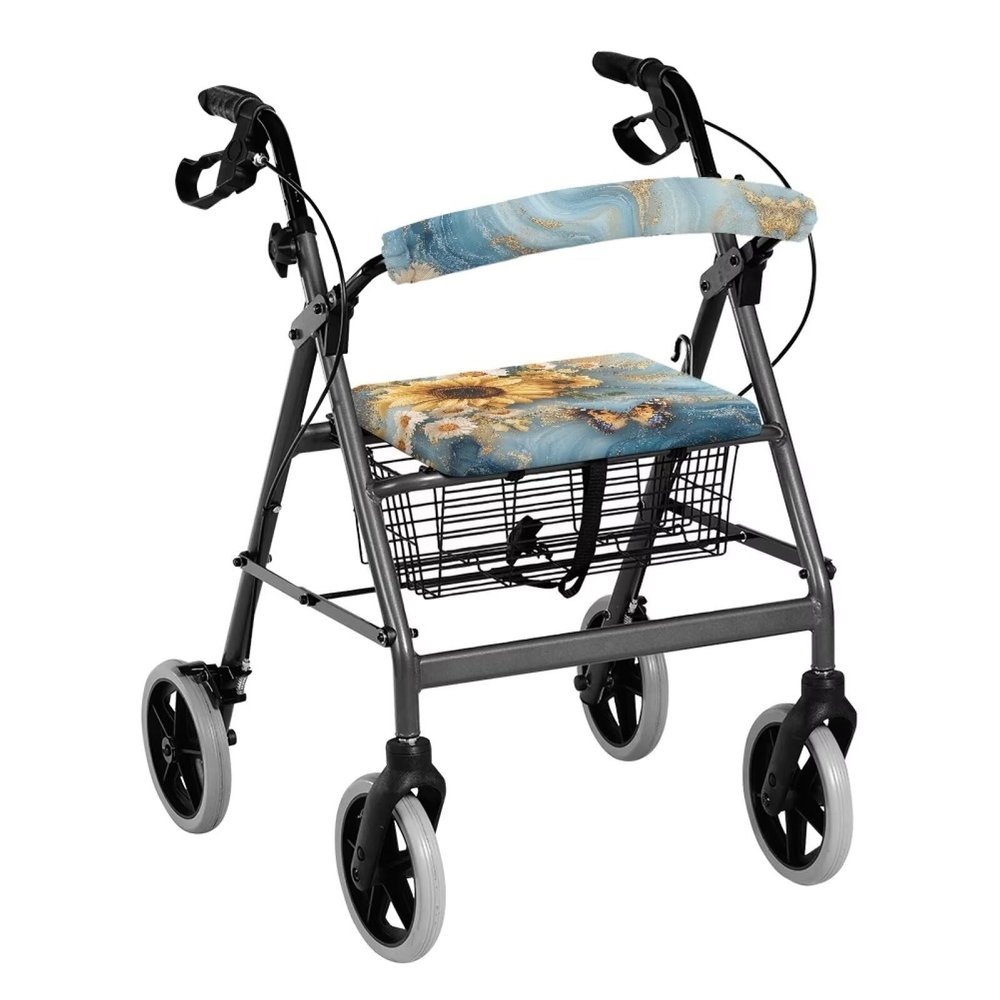Luarisgur Sunflower Rollator Accessories Walker Seat Cover for Women Marble Blue Rollator Walker Seat and Backrest Covers for Ladies Washable Walkers for Seniors with Seat Gift Covers