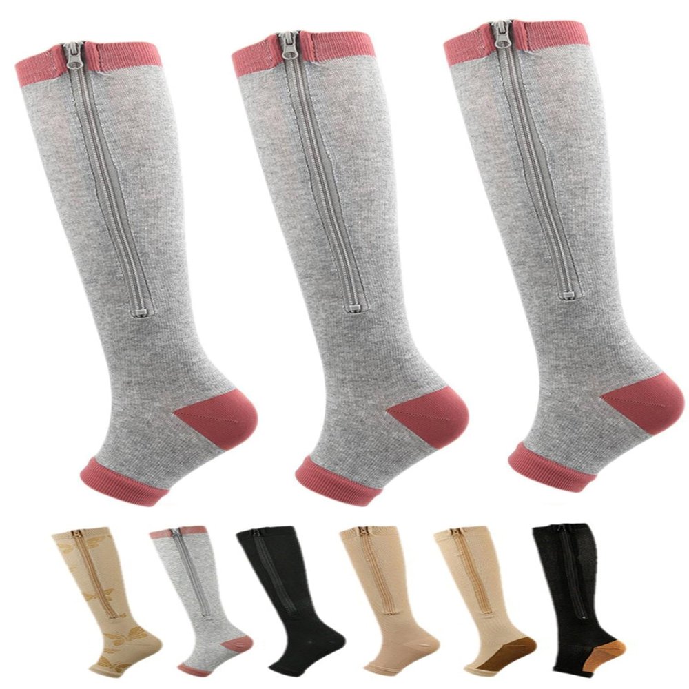 Aofur Zipper Compression Socks for Women & Men Circulation Calf Knee High 15-20mmHg Open Toe Compression Stocking suit for Circulation Support (Grey(3Pairs), XXL)