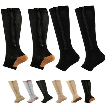 Aofur Zipper Compression Socks for Women & Men Circulation Calf Knee High 15-20mmHg Open Toe Compression Stocking suit for Circulation Support (BlackBrown(2Pairs), XXL)