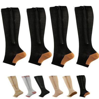 Aofur Zipper Compression Socks for Women & Men Circulation Calf Knee High 15-20mmHg Open Toe Compression Stocking suit for Circulation Support (Brown(2Pairs), XXL)