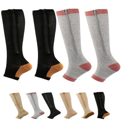 Aofur Zipper Compression Socks for Women & Men Circulation Calf Knee High 15-20mmHg Open Toe Compression Stocking suit for Circulation Support (Grey Brown(2Pairs), L/XL)