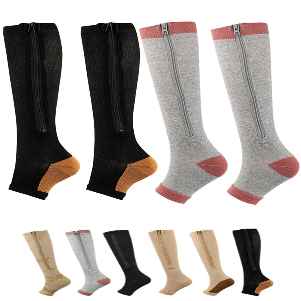Aofur Zipper Compression Socks for Women & Men Circulation Calf Knee High 15-20mmHg Open Toe Compression Stocking suit for Circulation Support (Grey Brown(2Pairs), L/XL)
