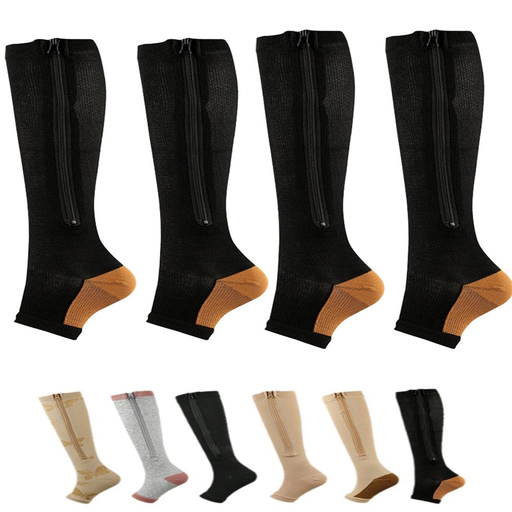 Aofur Zipper Compression Socks for Women & Men Circulation Calf Knee High 15-20mmHg Open Toe Compression Stocking suit for Circulation Support (Brown(2Pairs), S/M)
