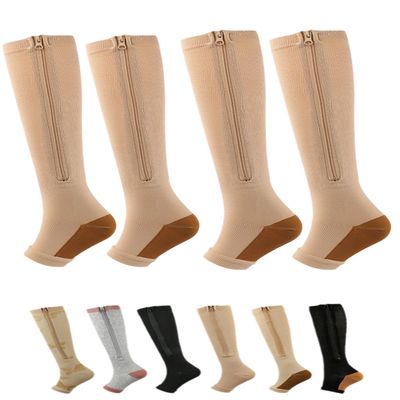 Aofur Zipper Compression Socks for Women & Men Circulation Calf Knee High 15-20mmHg Open Toe Compression Stocking suit for Circulation Support (Beige b(2Pairs), XXL)