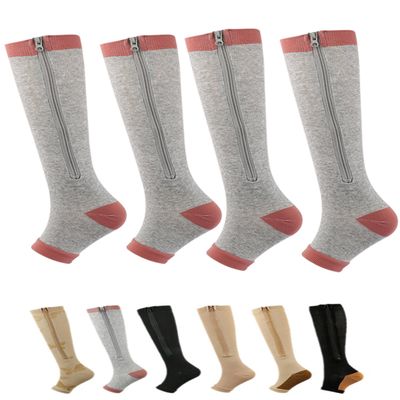 Aofur Zipper Compression Socks for Women & Men Circulation Calf Knee High 15-20mmHg Open Toe Compression Stocking suit for Circulation Support (Grey(2Pairs), S/M)