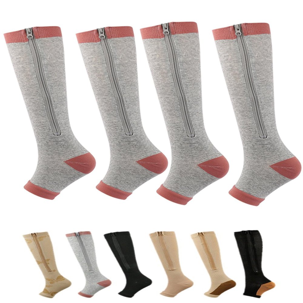 Aofur Zipper Compression Socks for Women & Men Circulation Calf Knee High 15-20mmHg Open Toe Compression Stocking suit for Circulation Support (Grey(2Pairs), S/M)