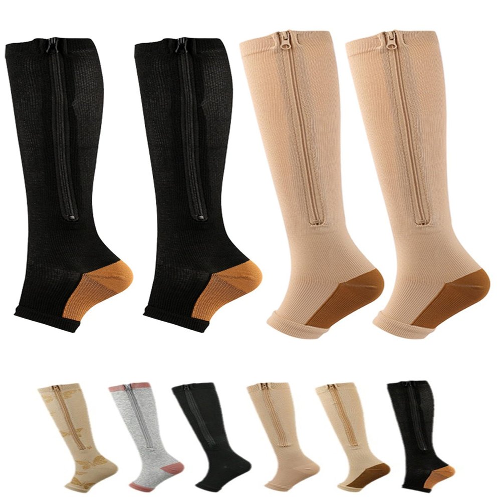 Aofur Zipper Compression Socks for Women & Men Circulation Calf Knee High 15-20mmHg Open Toe Compression Stocking suit for Circulation Support (BeigeBrown(2Pairs), XXL)