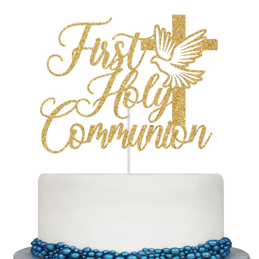 First Holy Communion Cake Topper, Baptism Cake Decor, First Communion Decorations, Wedding Christening Baptism Baby Shower Party Decorations (Gold Glitter)